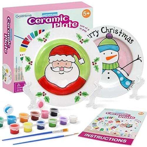 goldentime Ceramic Plate Painting kit for Kids and Adults Including 2 Ceramic Plates to Paint, with 12 Paints, 2 Brushes and 2 Stands - Perfect as DIY Home décor or Gifts for Bithday Christmas