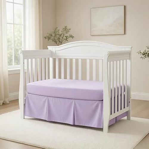 EVERYDAY KIDS Lavender Purple Pleated Crib Skirt; 100% Natural Cotton Nursery Crib Bedding Skirt for Baby Boys and Girls; Crib Dust Ruffle with Split Corners for Easy On and Off, 14 Inch Drop