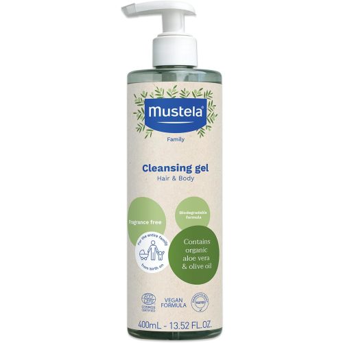 Mustela Certified Organic Cleansing Gel - Natural Hair & Body Wash with Olive Oil & Aloe Vera - For Baby, Kid & Adult - Fragrance Free, Tear Free, Vegan & Biodegradable - 13.52 fl. oz.