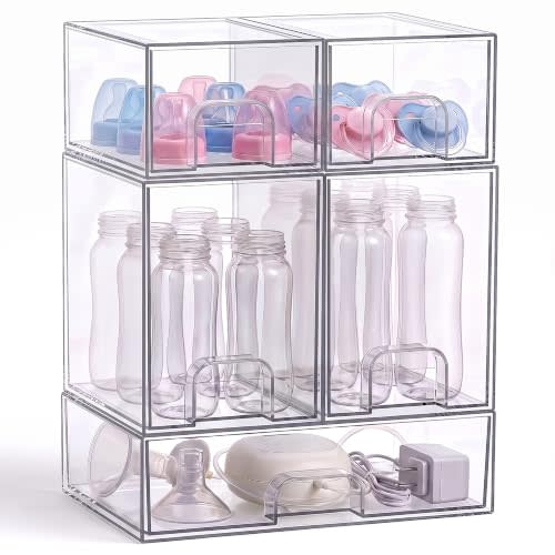 Baby Bottle Organizer, Clear Stackable Acrylic Drawers, 5 Pack | Multipurpose Storage Container, For Baby Bottles & Pump Parts, For Bathroom, Kitchen Vanity & Office Supplies, Countertop