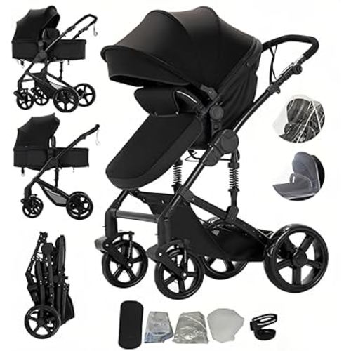 2 in 1 Baby Stroller with Bassinet Mode, Reversible Infant Pram, One-Click Folding, Newborn Travel Stroller, Convertible Toddler Standard Pram Carriage (2US588-BLACK)