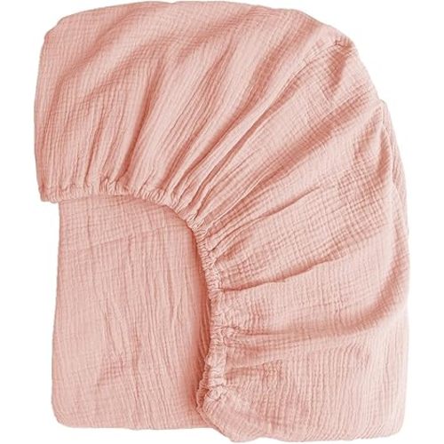 100% Muslin Cotton Pink Fitted Sheet Twin Only with 16" Elastic Deep Pocket, 1 Pack Soft Breathable Absorbent Gauze Single Fitted Bottom Sheet, Minimalist Fluffy Wrinkle Mattress Protector