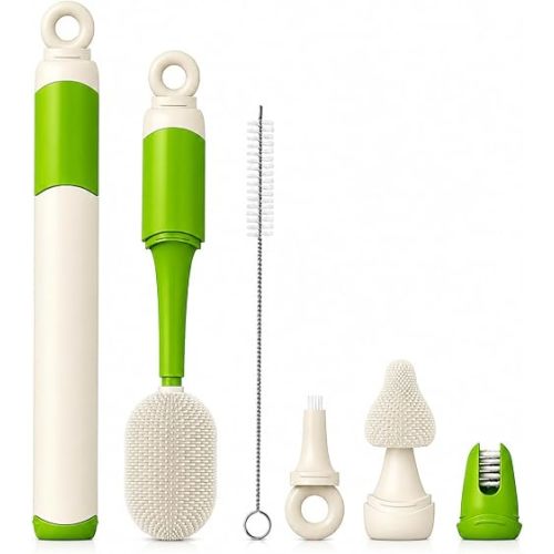 Baby Bottle Brush Set for Baby Bottles, 5 Cleaning Tools with Silicone Bottle and Nipple Brush Heads, Straw Brush, Detail Brush, Cup Rim Cleaner, Integrated Travel Storage, (Green)