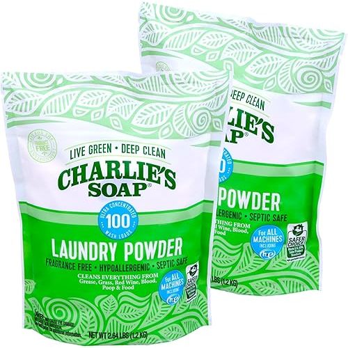 Charlie’s Soap Laundry Powder (100 Loads, 2 Pack) Hypoallergenic Deep Cleaning Washing Powder Detergent – Eco-Friendly, Safe, and Effective