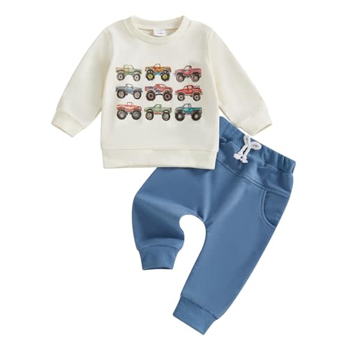 Frietlebird Toddler Baby Boy Fall Winter Clothes Crewneck Sweatshirt Long Sleeve Trucks Shirt and Pants Cute Boys Outfits