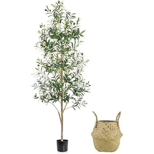 Faux Olive Tree 6FT, Artificial Potted Tree with Planter, Silk Plants Indoor Outdoor, Lifelike Olive Plants with Natural Wood Trunk, Fruits and Buds, Home Office Decor, 1 Pack