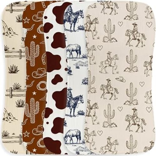 5 Pack Baby Burp Cloths for Boys, Western Cowboy Theme Large Cotton Absorbent Burping Rags, Soft Contoured Spit Up Cloths with Cow Print Desert Cactus Horse, Unisex Newborn