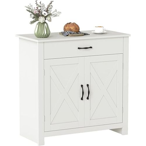 HOMCOM Farmhouse Sideboard Buffet Cabinet, Barn Door Coffee Bar Cabinet with Drawer and Adjustable Shelf for Kitchen, Living Room, Entryway, White Wash
