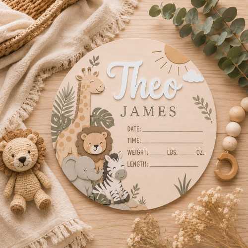 Personalized Safari Animals Birth Announcement Sign, Wooden Baby Name Plaque, Newborn Hospital Photo Prop, Jungle Nursery Decor, Baby Shower