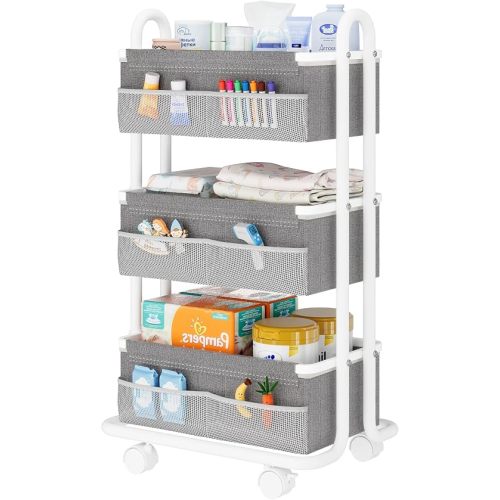 3-Tier Baby Diaper Caddy Organizer Cart, Mobile Nursery Storage Carts with Wheels, 3 Dividers & 6 Mesh Pockets Durable Metal Utility Cart for Nursery, Bedroom, Bathroom, Baby Essentials Organization