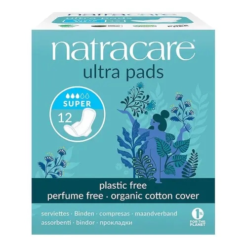 Natracare Slim Fitting Ultra Pads with Wings, Super, Made with Certified Organic Cotton, Ecologically Certified Cellulose Pulp and Plant Starch (1 Pack, 12 Pads Total)