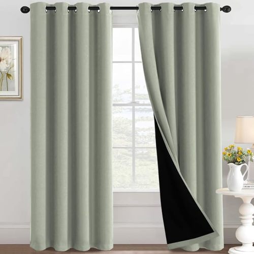 H.VERSAILTEX 100% Blackout Curtains for Bedroom Thermal Insulated Full Blackout Curtains for Living Room Energy Efficiency Window Drapes with Black Liners 1 Panel, 52x84 Inch, Light Sage
