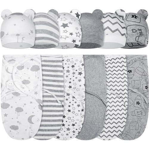 Ramede 6 Pack Swaddle Blanket with Hats for Baby Girl Boy 100% Cotton Swaddles 0-3 Months, Adjustable Breathable Skin Friendly Receiving Blanket Wrap, Essential for Newborns