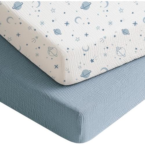 Konssy 2 Pack Muslin Crib Sheets for Baby Boys & Girls, 52" x 28"