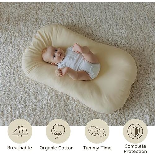 Aila + Aiden Baby Lounger | Organic Cotton Infant Lounger | Adjustable & Portable Floor Lounger |Supervised Use | Soft, Breathable, Washable Cover - Snuggle Collection - (Cream)