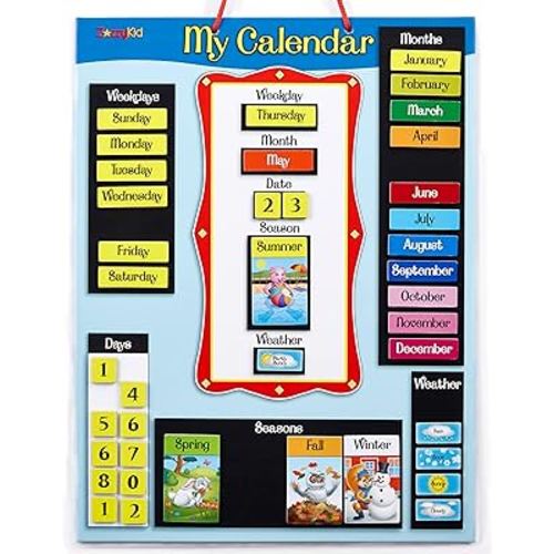 ZazzyKid Magnetic Calendar & Weather Chart for Kids - Preschool Daily Calendar Learning for Days of the Week, Months, Weather & Season Blue