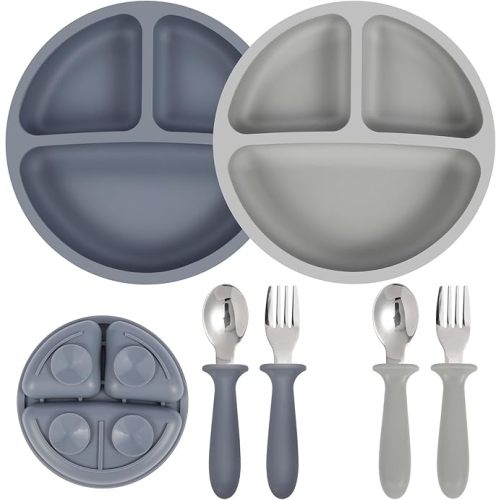 Eascrozn Toddler Utensils, 2 Pack Silicone Divided Suction Plates for Baby, 2 Pack Toddler Forks and Spoons Set, BPA Free, Baby Led Weaning Feeding Supplies, Microwave and Dishwasher Safe