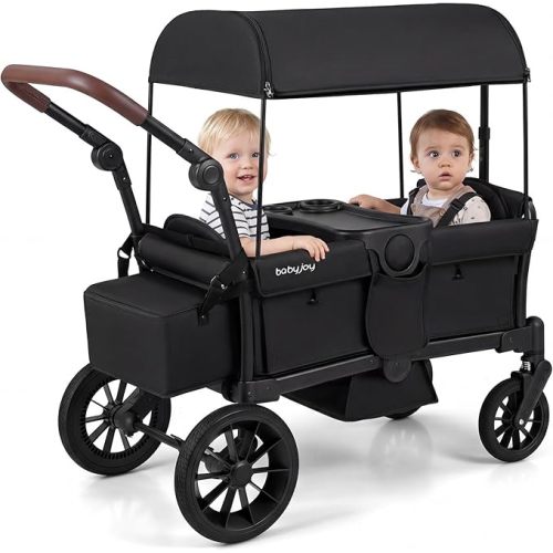 BABY JOY Wagon Stroller for 2 Kids, Foldable Stroller Wagon with Adjustable Push/Pull Handle, Removable Canopy, Snack Tray, Parent Organizer, Safety Harness & Shock-Absorbing Wheels (Black)