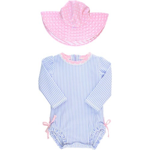 Seersucker One-Piece Rashguard Swimsuit & Hat Set, 18-24M