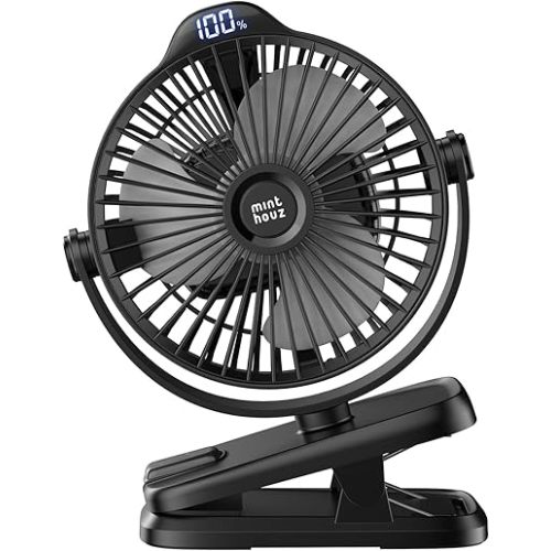 Minthouz Clip on Fan - 8000mAh USB C Rechargeable Small Fan with Battery Level Indicator, 720° Rotation Low Noise Desk Fan for Outdoor Camping/Stroller/Home/Office