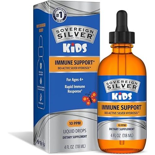 Sovereign Silver Kids Immune Support - Colloidal Silver, Bio-Active Silver Hydrosol, 10 ppm, Liquid Dropper, 4 Fl Oz, (118 mL)