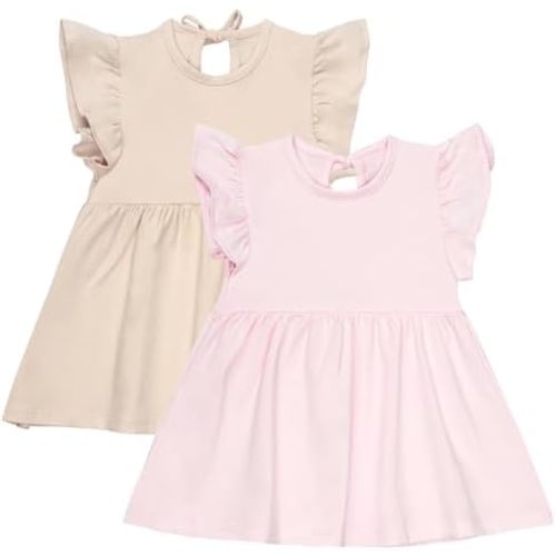2Pack Toddler Baby Girl Boho Dress Cotton Ruffle Sleeve Solid Floral Print Summer Beach Sundress