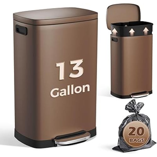 ELPHECO LPHECO Kitchen Trash Can with Lid Soft Close, 13 Gallon / 50L Stainless Steel Pedal Garbage Can, Heavy-Duty Step Wastebasket with 20 Bags, Removable Bucket, Home Office, Kitchen, Brown