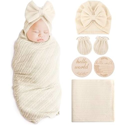 Newborn Receiving Blanket with Bow Hat Mittens Wooden Card Set Wheat-Pattern Newborns Toddler Baby Boy Girl Nursery Swaddle Wrap