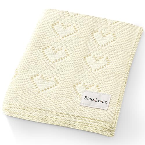 Bleu La La Heirloom Knit Heart Receiving Unisex Blanket for Boys and Girls - 100% Luxury Cotton Baby Blanket - Soft Warm Swaddle Receiving Blanket for Newborns Infants & Toddlers (Ivory)