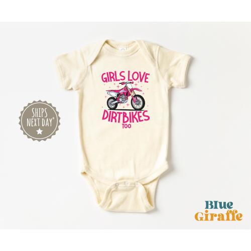 Pink Girls Love Dirt Bikes Too Baby Clothes - Motorcycle Racing Baby Onesie® - Dirt Bike Graphic Tee