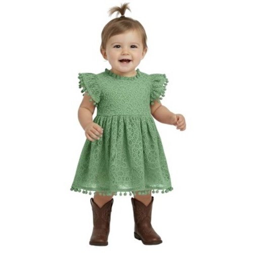 2Bunnies Baby Girls' 12M-2T Lace Pom Pom Trim Girl Dress Sage Green 12 months