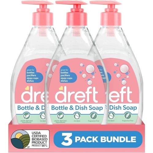 DREFT Bottle and Dish Soap | Made to Clean Baby Bottles, Sippy Cups, Pacifiers, Breast Pumps, & More | Gently Removes Milk Film & Odors | Plant Based, Fragrance Free Dish Soap | 18 Fl Oz (Pack of 3)