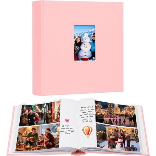 Aevdor 240 Pockets 4x6 Photo Album with Writing Space, Large Capacity Photo Album 4x6 Holds 240 Photos, Linen Cover Acid Free Photo Book with Memo for Baby Family Anniversary Wedding Pictures, Pink