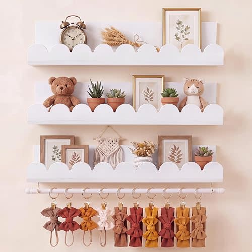 Qunclay Nursery Floating Shelves with Rod, White, 15.7 Inch, 3-Tier