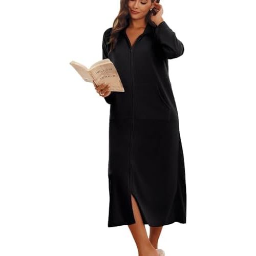 Ekouaer Women Zipper Robe Long Sleeves House Coat Soft Bathrobe Sleepwear with Pockets Housecoat Loungewear