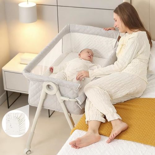 MinoBub Baby Bassinet Bedside Sleeper - More Safer Height Adjustable Bassinet with Crib Sheet, Easy to Clean, Stable Bedside Crib with Wheels, Carry Bag and Comfy Mattress, Grey