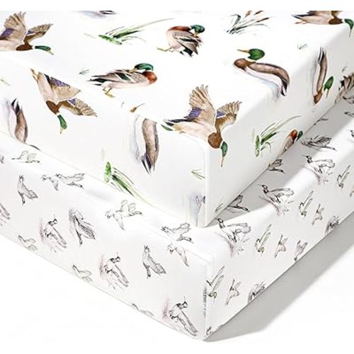 Baby Crib Sheets for Boys 2 Pack, Mallard Duck Toddler Bed Sheets Neutral, Extra Breathable, Soft, Stretchy Microfiber, 28"x 52" Fitted Sheet for Standard Crib & Toddler Mattress (White)