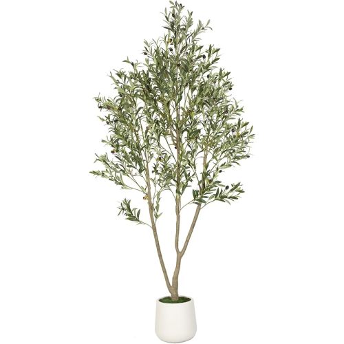 Artificial Olive Tree, 7FT Tall Faux Olive Tree with White Planter, Artificial Plants with Natural Wood Trunk and Lifelike Fruits for Home Office Decor