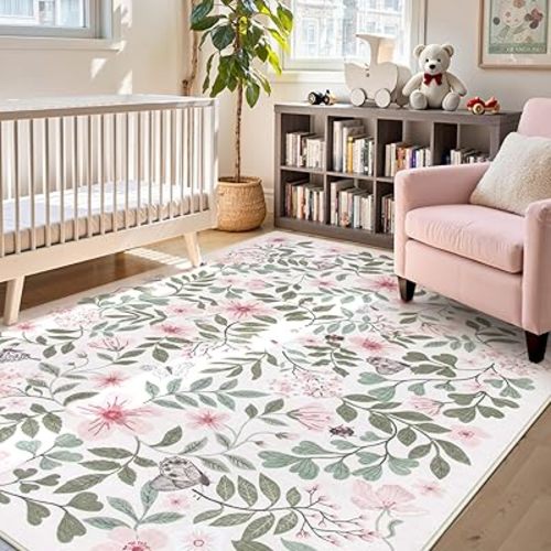 Lahome Pink Floral Rugs for Girls Bedroom 5x7, Washable Soft Nursery Decor Shabby Chic, Non-Slip Thin Carpet for Kids Room, Baby Girl Nursery, Dorm, Cozy Reading Nook
