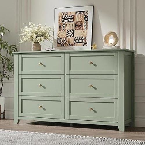 GarveeHome 6 Drawer Dresser for Bedroom, Sage Green Dresser with Deep Drawers & Metal Knobs, Large Modern Wooden Chests of Drawers for Entryway, Hallway