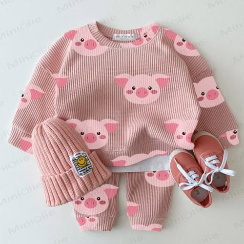 Baby Pink Piggy Print Waffle 2-piece Set