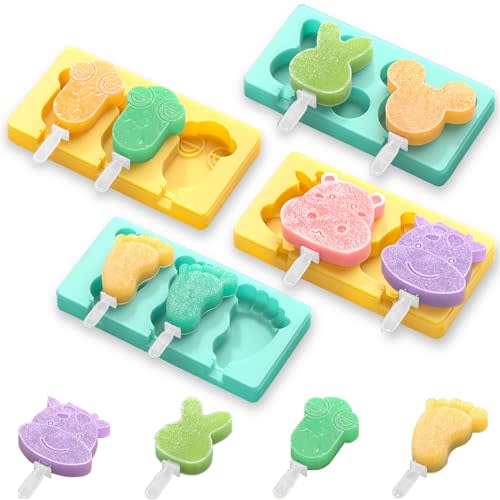 Kids Cartoon Popsicle Molds - 4 Pack, 10-Cavity Food-Grade Silicone Ice Pop Cream Molds, with Reusable Sticks, Non-Stick Flat Design, Easy Release, Stackable for Space Saving
