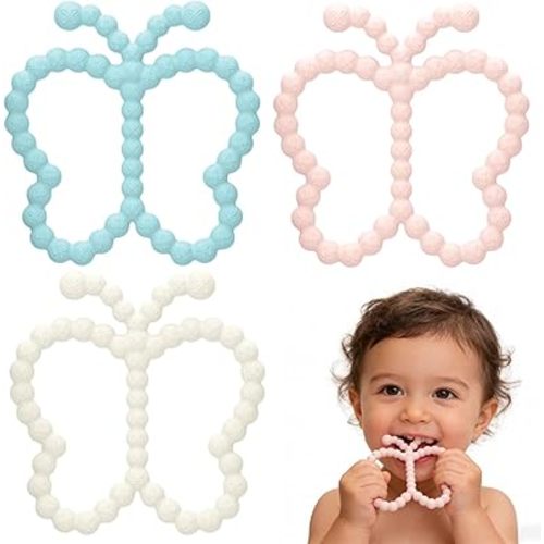 3 Pcs Baby Teething Toys 3-6 Months,Butterfly Baby Teether Toys, for Babies 0-24months Silicone Teething Relief Chew Soothing Sore Gums for Newborn Infant Essentials BPA Free