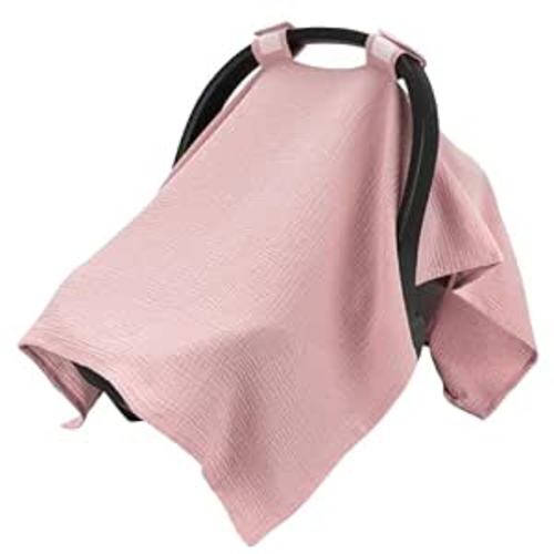 100% Muslin Cotton Car Seat Cover Baby, Universal Carseat Covers, Breathable Baby Car Seat Canopy for Boys Girls, Soft Infant Car Seat Cover for Summer —Pink