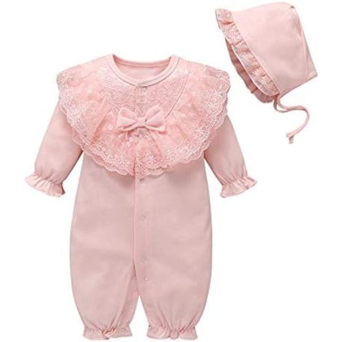 Baby Girls Cotton Romper Lace Collar Jumpsuits Long Sleeve Coveralls with Hat 2 Pieces for 0-18 Months