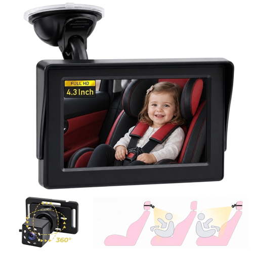HDJ Baby Car Camera, 4.3" HD Night Vision Function Car Mirror Display, 360° Adjustable Safety Car Seat Mirror Camera Monitored Mirror with Wide Clear View