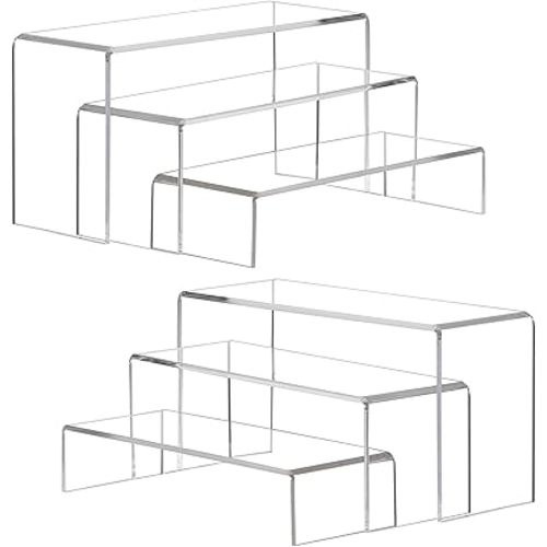 ANDGOO Large Acrylic Display Risers, 2 Sets(11.2”L~11.6”L~12”L) Clear Rectangular Showcase Collectibles Display Shelf, Retail Desktop Risers Display Stand for Organize and Decoration
