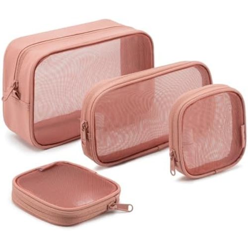 NOL Makeup Bag 4 PCS Set, Mesh Cosmetic Bag with Smooth Zipper, Clear Travel Toiletry Bag, Portable Organizer Pouch, Dark Pink See Through Case for Skincare Brushes