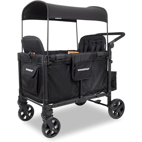 WONDERFOLD W4 Elite Pro Stroller Wagon (4 Seater) - Wagon Stroller with 5-Point Harnesses, Adjustable Push Handle, and Adjustable Sun Canopy - Safety Certified, Jet Black
