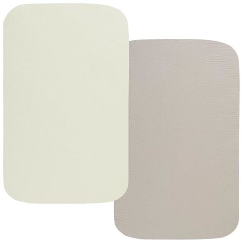 Onacosht Muslin Bassinet Sheets 33" x 19" Compatible with Mika Micky, KoolaBaby (3 in 1), BabyBond, HARPPA and RICUTON Bedside Bassinet, 2 Pack for Baby Boy and Girl, Fog and Beige
